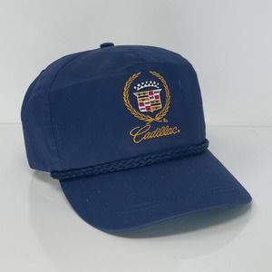 VTG Cadillac Logo Navy Leather Strapback Hat made in usa vintage 80s 90s